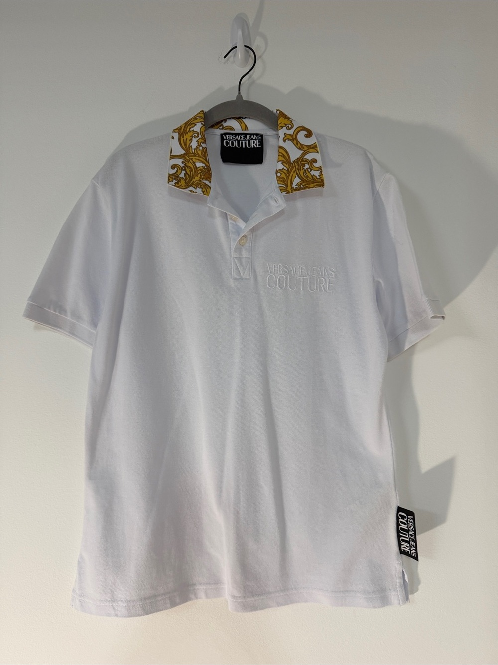 Versace Jeans Collection White Polo with Gold Baroque Collar Accent